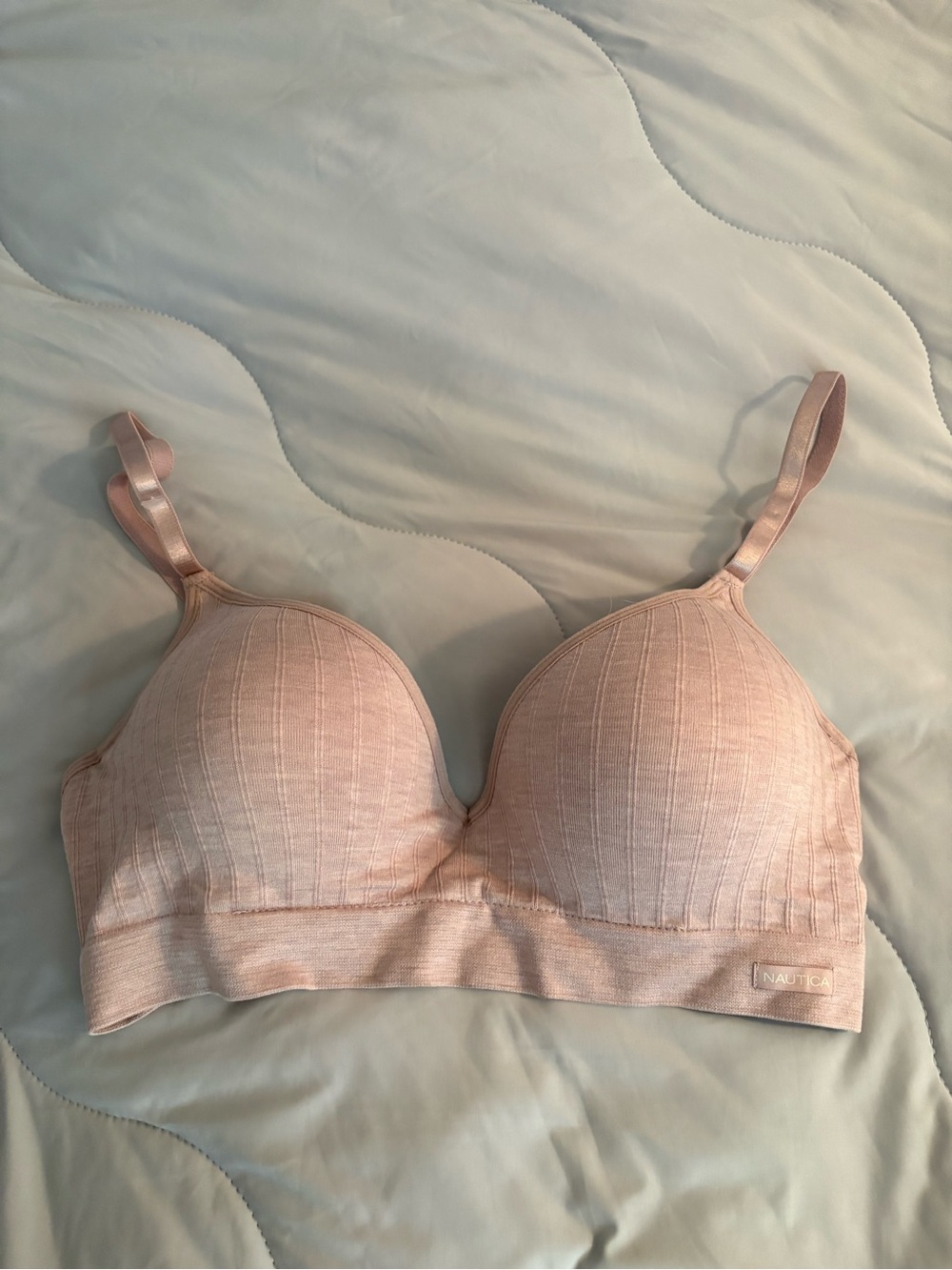 Nautica Wireless Ribbed Bra Comfy 34C No Underwire Lightly Padded Light Pink
